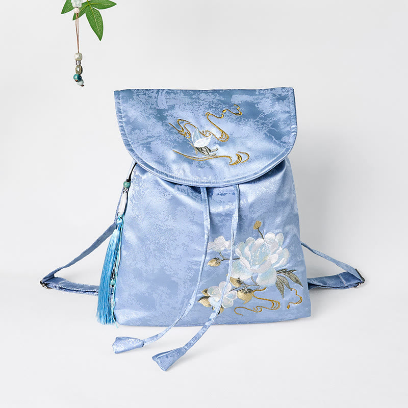 Foviel Handmade Blue Camellia Embroidered Large Capacity Polyester Cotton Backpack