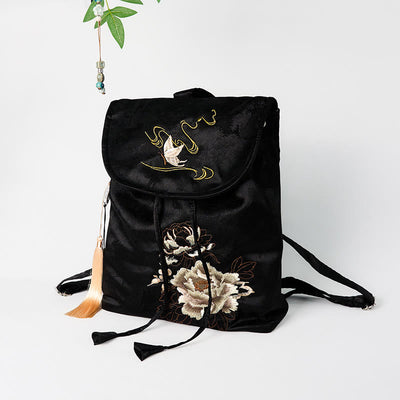Sac à dos Foviel grande capacité en coton polyester brodé de pivoines noires faites à la main