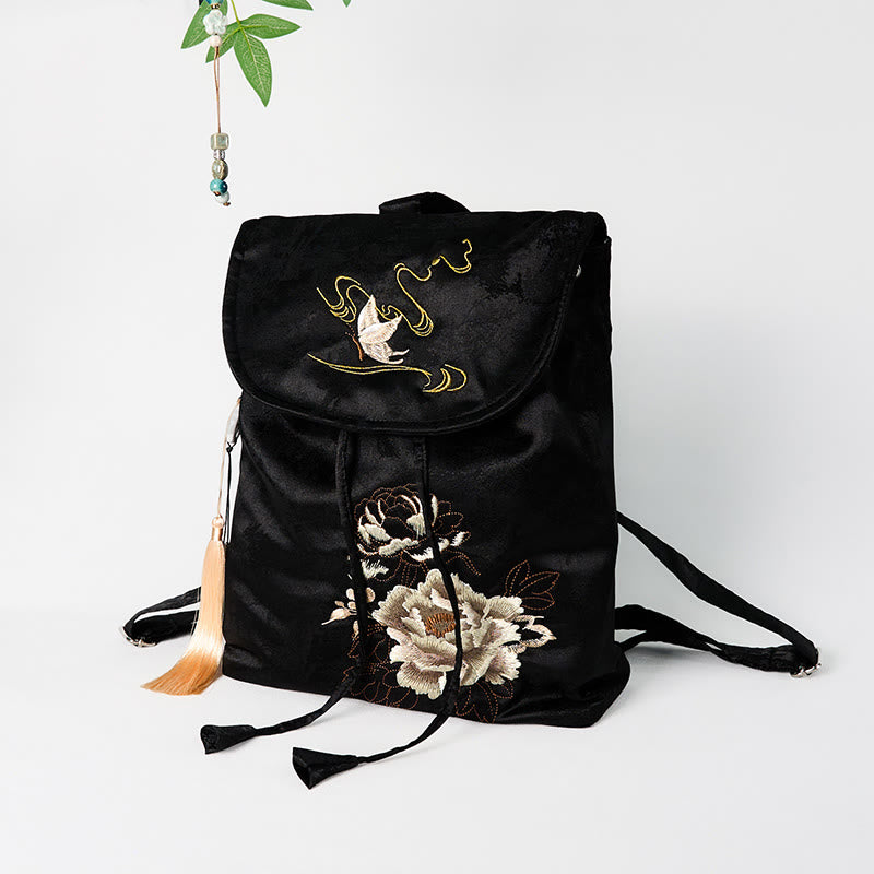 Sac à dos Foviel grande capacité en coton polyester brodé de pivoines noires faites à la main