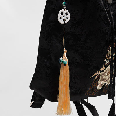 Sac à dos Foviel grande capacité en coton polyester brodé de pivoines noires faites à la main