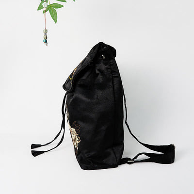 Sac à dos Foviel grande capacité en coton polyester brodé de pivoines noires faites à la main