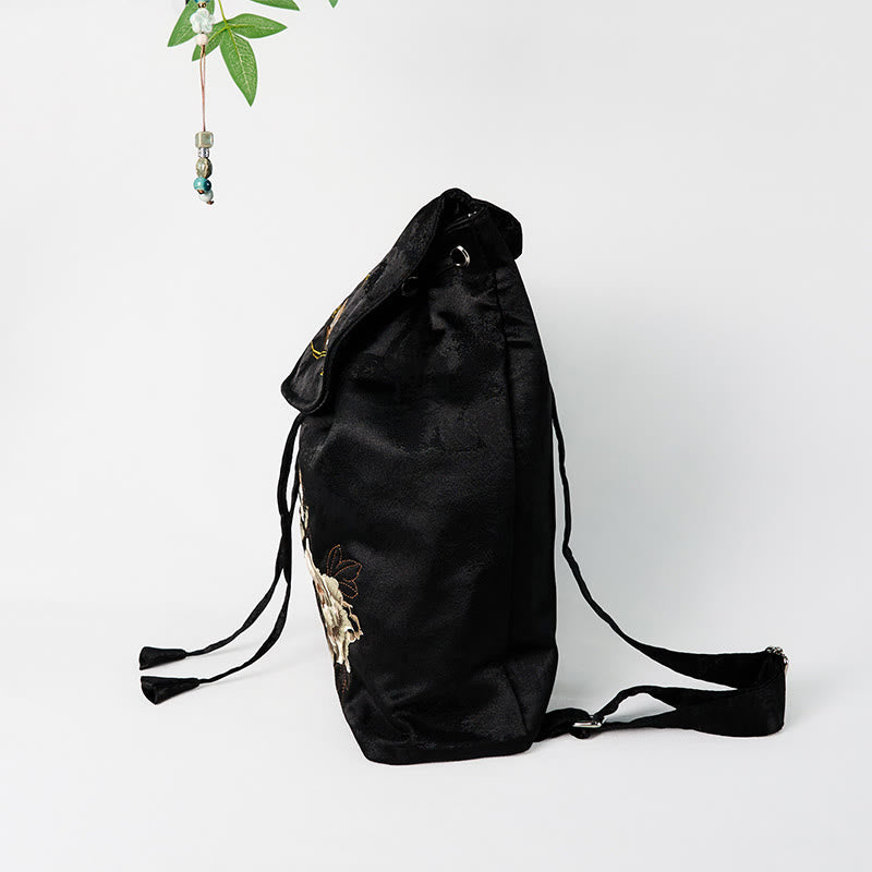 Sac à dos Foviel grande capacité en coton polyester brodé de pivoines noires faites à la main