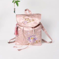 Foviel Handmade Pink Lotus Embroidered Large Capacity Polyester Cotton Backpack