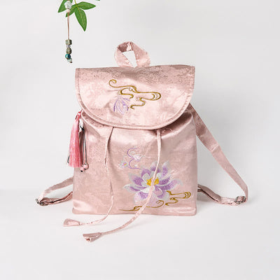 Foviel Handmade Pink Lotus Embroidered Large Capacity Polyester Cotton Backpack