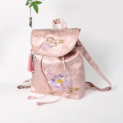 Foviel Handmade Pink Lotus Embroidered Large Capacity Polyester Cotton Backpack