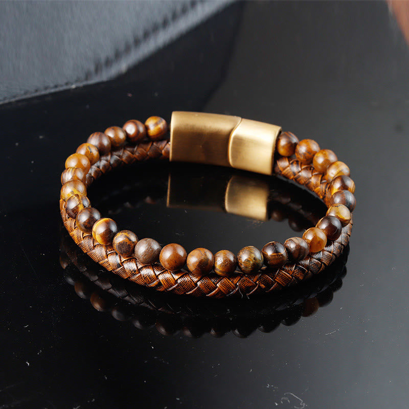 Foviel Multi-layer Woven Tiger Eye Stone Beads Leather Titanium Steel Strength Buckle Bracelet
