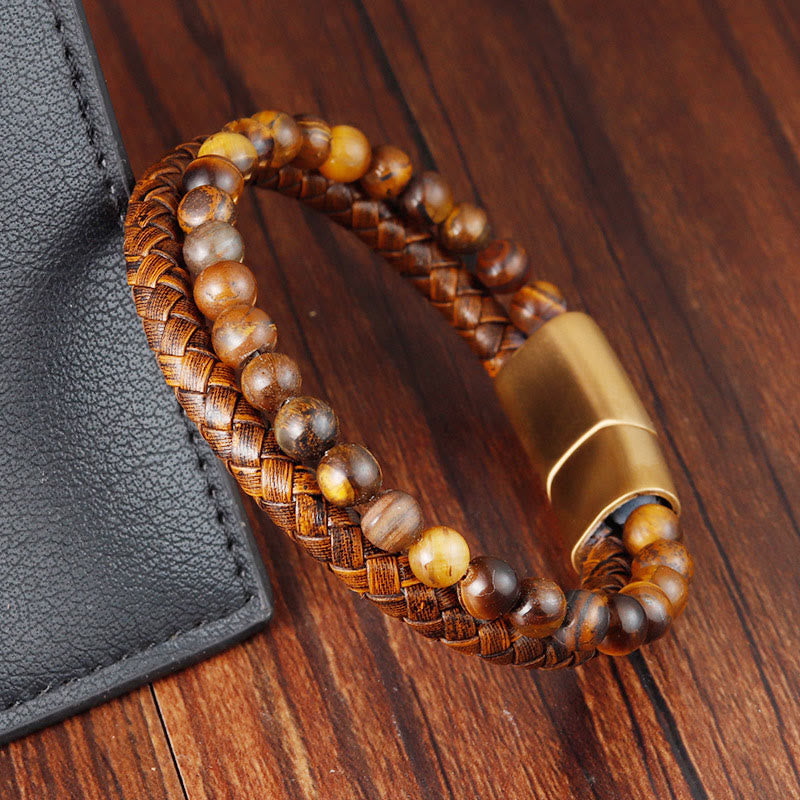 Foviel Multi-layer Woven Tiger Eye Stone Beads Leather Titanium Steel Strength Buckle Bracelet