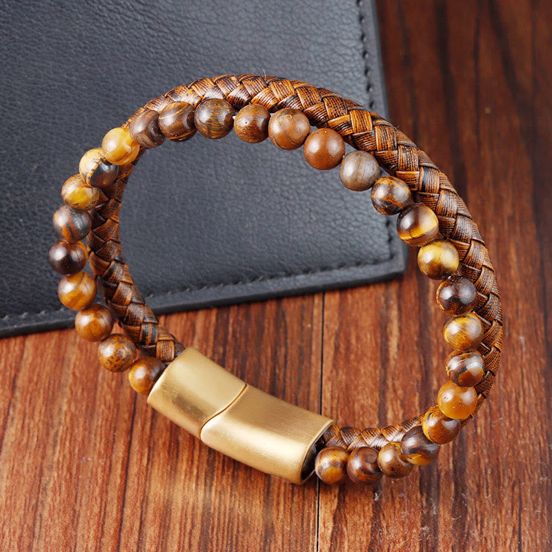 Foviel Multi-layer Woven Tiger Eye Stone Beads Leather Titanium Steel Strength Buckle Bracelet