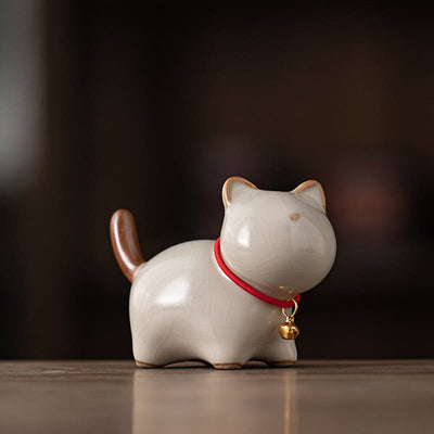Figurine décorative en céramique Foviel, chat chanceux mignon debout avec grelot et cordon rouge