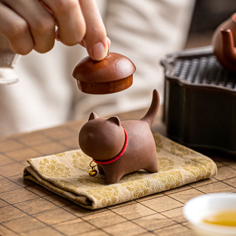 Foviel Mini Lovely Red Rope Bell Cat Tea Pet Purple Clay Figurine Desk Decoration