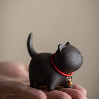 Foviel Mini Lovely Red Rope Bell Cat Tea Pet Purple Clay Figurine Desk Decoration