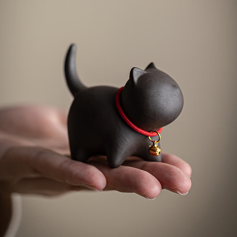 Foviel Mini Lovely Red Rope Bell Cat Tea Pet Purple Clay Figurine Desk Decoration
