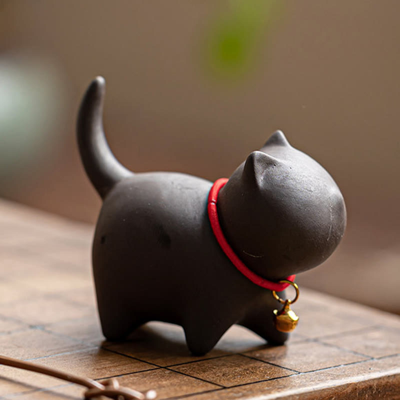 Foviel Mini Lovely Red Rope Bell Cat Tea Pet Purple Clay Figurine Desk Decoration