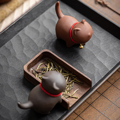 Foviel Mini Lovely Red Rope Bell Cat Tea Pet Purple Clay Figurine Desk Decoration