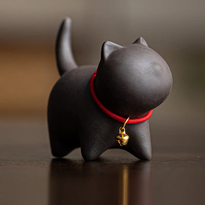 Foviel Mini Lovely Red Rope Bell Cat Tea Pet Purple Clay Figurine Desk Decoration