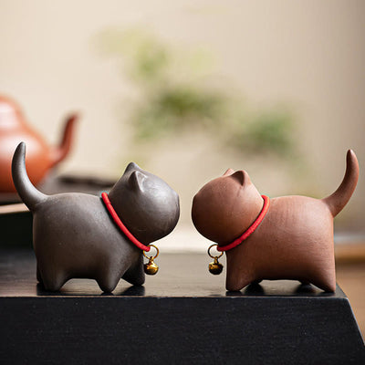 Foviel Mini Lovely Red Rope Bell Cat Tea Pet Purple Clay Figurine Desk Decoration