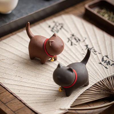 Foviel Mini Lovely Red Rope Bell Cat Tea Pet Purple Clay Figurine Desk Decoration