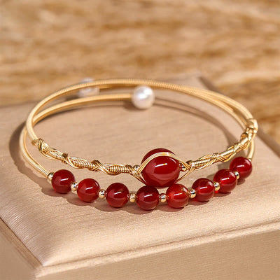Foviel 14K Gold Filled Copper Natural Red Agate Beads Confidence Metal Cuff Bracelet Bangle