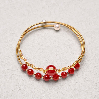 Foviel 14K Gold Filled Copper Natural Red Agate Beads Confidence Metal Cuff Bracelet Bangle