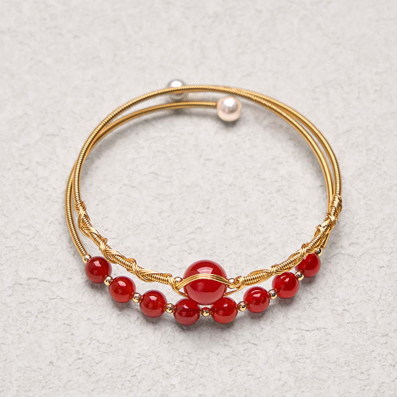 Foviel 14K Gold Filled Copper Natural Red Agate Beads Confidence Metal Cuff Bracelet Bangle