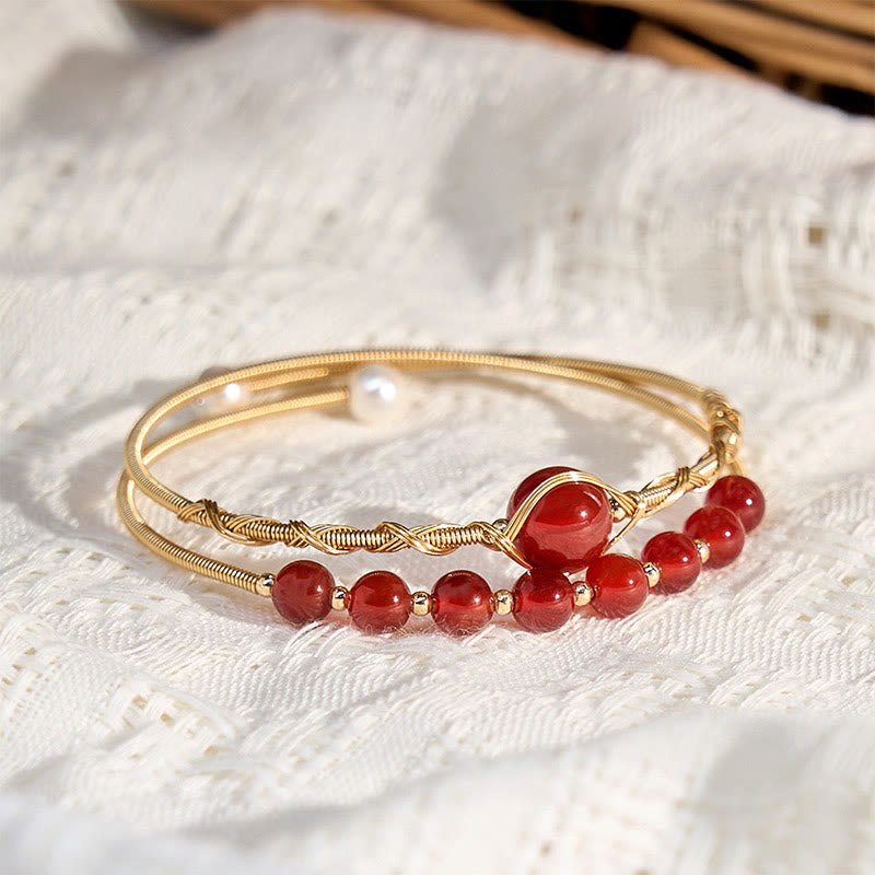 Foviel 14K Gold Filled Copper Natural Red Agate Beads Confidence Metal Cuff Bracelet Bangle