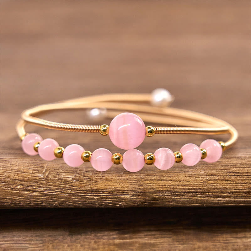 Foviel 14K Gold Filled Copper Pink Cat Eye Support Metal Cuff Bracelet Bangle