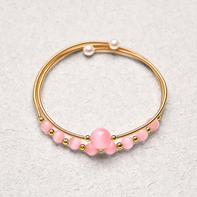 Foviel 14K Gold Filled Copper Pink Cat Eye Support Metal Cuff Bracelet Bangle