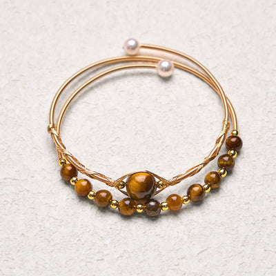 Foviel 14K Gold Filled Copper Natural Tiger Eye Protection Metal Cuff Bracelet Bangle
