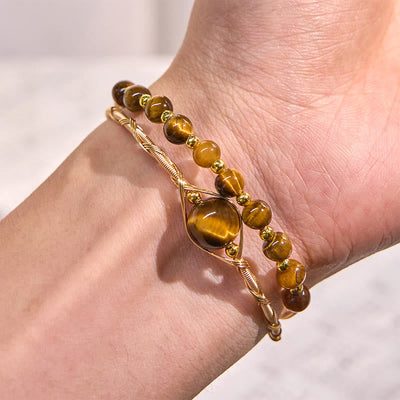 Foviel 14K Gold Filled Copper Natural Tiger Eye Protection Metal Cuff Bracelet Bangle