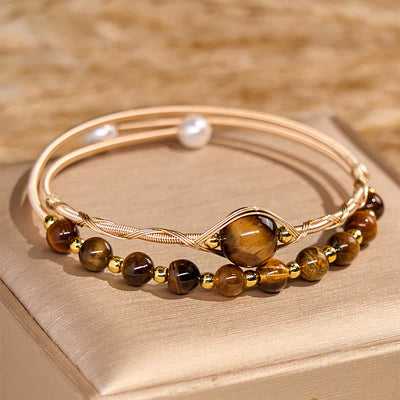 Foviel 14K Gold Filled Copper Natural Tiger Eye Protection Metal Cuff Bracelet Bangle
