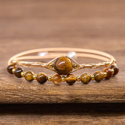 Foviel 14K Gold Filled Copper Natural Tiger Eye Protection Metal Cuff Bracelet Bangle