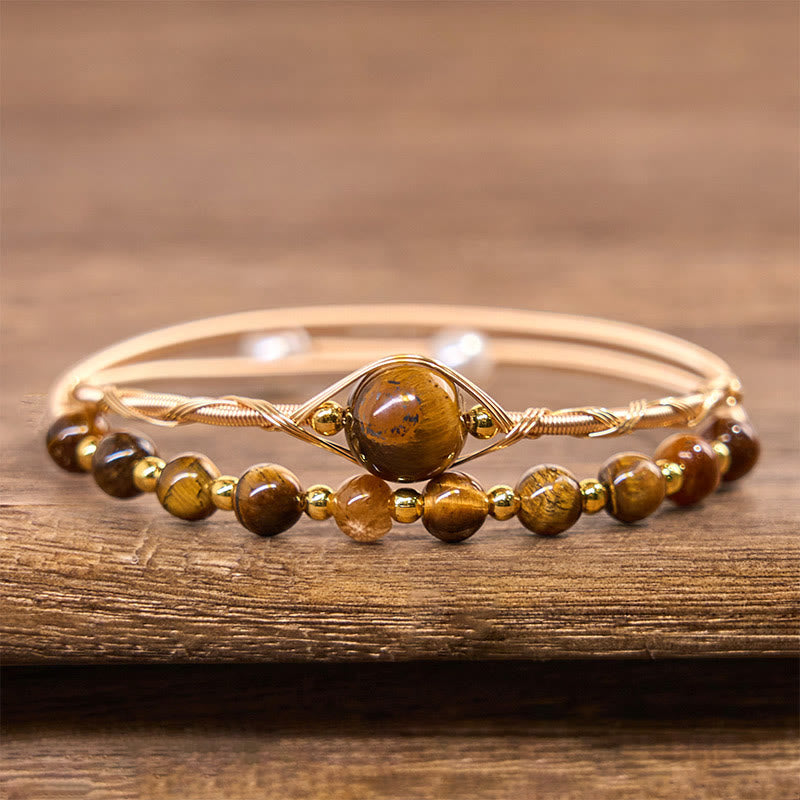 Foviel 14K Gold Filled Copper Natural Tiger Eye Protection Metal Cuff Bracelet Bangle