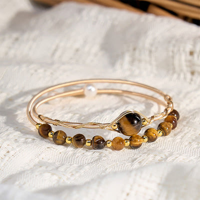 Foviel 14K Gold Filled Copper Natural Tiger Eye Protection Metal Cuff Bracelet Bangle