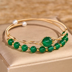 Foviel 14K Gold gefüllt Kupfer Natürliche grüne Achat Power Metall-Manschetten-Armband-Anschnüre