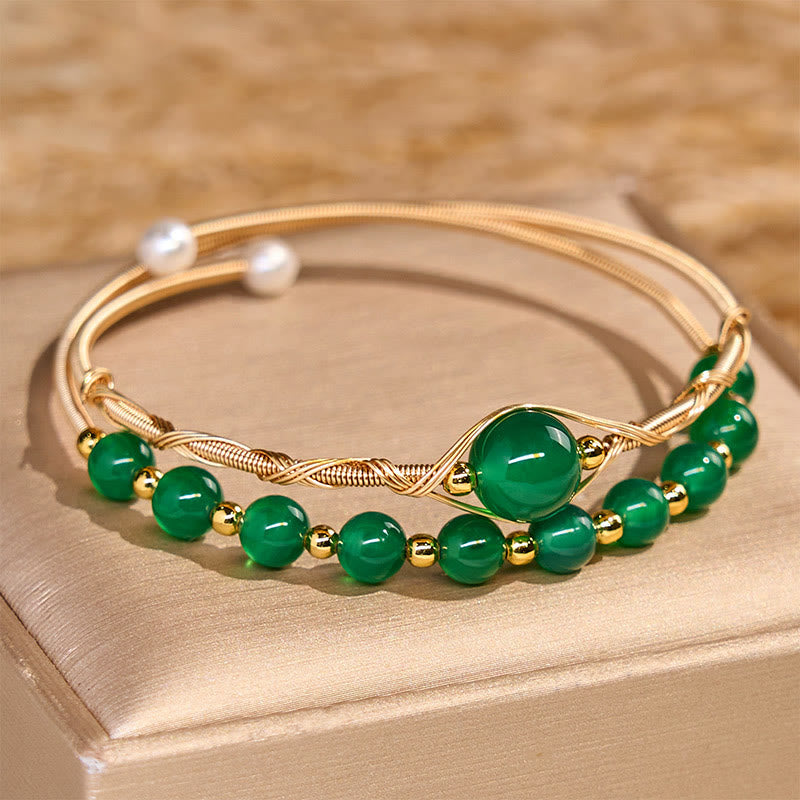 Foviel 14K Gold gefüllt Kupfer Natürliche grüne Achat Power Metall-Manschetten-Armband-Anschnüre