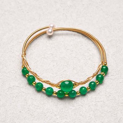 Foviel 14K Gold gefüllt Kupfer Natürliche grüne Achat Power Metall-Manschetten-Armband-Anschnüre