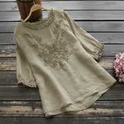 Foviel Women's Flower Embroidery Design Crew Neck T-shirt Tee