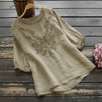 Buddha Stones Women's Flower Embroidery Design Crew Neck T-shirt Tee - BurlyWood - US14，UK/AU18，EU46 (4XL) - image 0