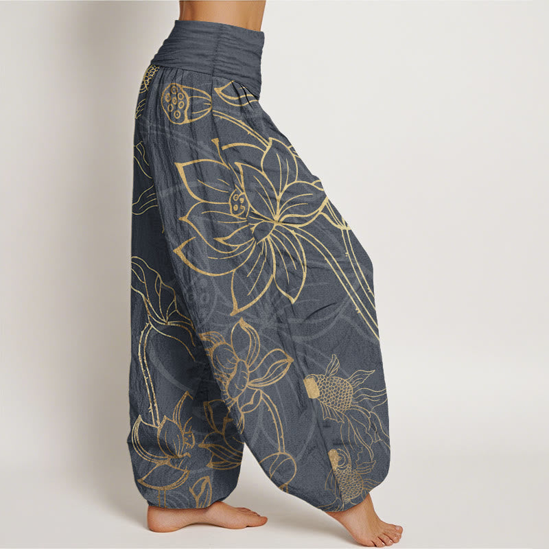 Buddha Stones Pure Cotton Lotus Leaf Koi Fish Women's Elastic Waist Harem Pants - image 7