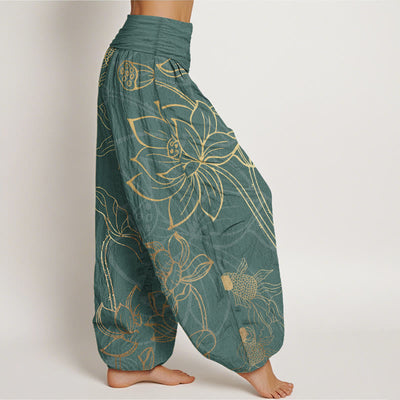 Buddha Stones Pure Cotton Lotus Leaf Koi Fish Women's Elastic Waist Harem Pants - image 2