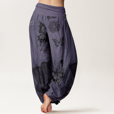 Buddha Stones Pure Cotton Butterfly Flowers Pattern Women's Elastic Waist Harem Pants - image 1