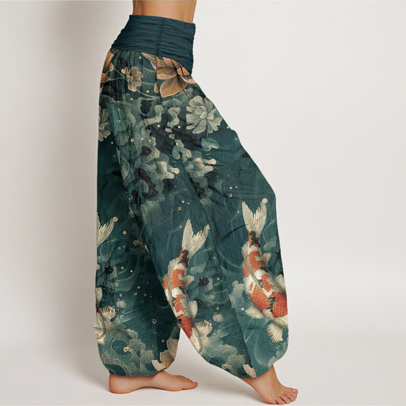 Buddha Stones Pure Cotton Colorful Koi Fish Lotus Flowers Design Women's Elastic Waist Harem Pants - image 2