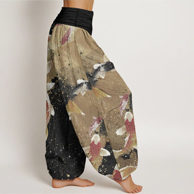 Buddha Stones Pure Cotton Casual Koi Fish Gold Ink Background Pattern Women's Elastic Waist Harem Pants - image 2
