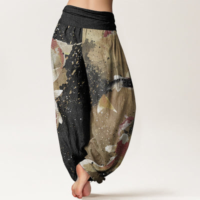 Buddha Stones Pure Cotton Casual Koi Fish Gold Ink Background Pattern Women's Elastic Waist Harem Pants - image 1