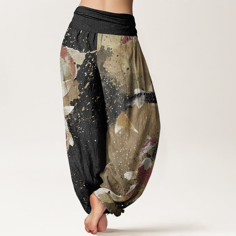 Buddha Stones Pure Cotton Casual Koi Fish Gold Ink Background Pattern Women's Elastic Waist Harem Pants - image 1