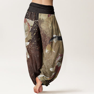 Buddha Stones Pure Cotton Casual Koi Fish Gold Ink Background Pattern Women's Elastic Waist Harem Pants - image 10