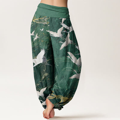 Buddha Stones Pure Cotton Flying White Cranes Auspicious Clouds Design Women's Elastic Waist Harem Pants - image 1