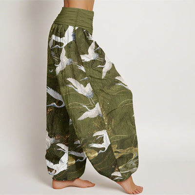 Buddha Stones Pure Cotton Flying White Cranes Auspicious Clouds Design Women's Elastic Waist Harem Pants - image 11