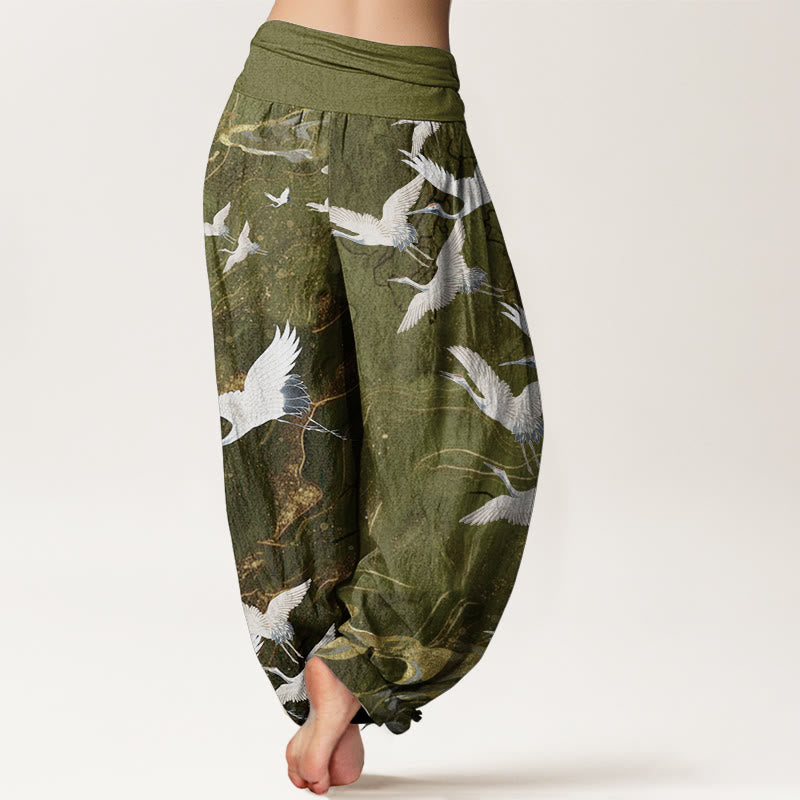 Buddha Stones Pure Cotton Flying White Cranes Auspicious Clouds Design Women's Elastic Waist Harem Pants - image 10