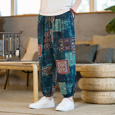 Pantalon sarouel d'été Foviel pour homme, longueur cheville, style patchwork à carreaux, avec poches